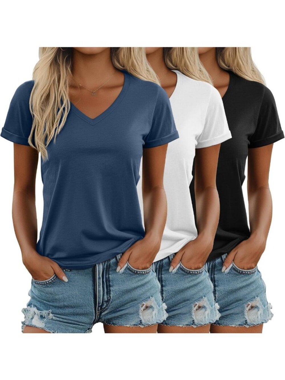 3 Pack Women's V Neck Short Sleeve T-Shirts - Soft, Casual, Everyday Essentials